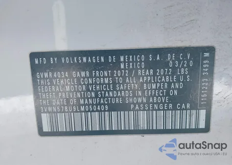 2020 Volkswagen Jetta 1.4T R-Line/1.4T S z USA, uszkodzony, nr VIN 3VWN57BU9LM050409